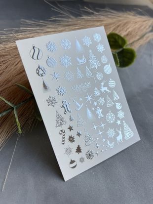 Слайдер-дизайн Fs 197 silver | Водні декалі для нігтів Різдво | Сніжинки, ялинки та зірки Fs_197 фото