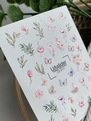 Слайдер-дизайн Color and Foil 517 | Водные декали с пастельными цветами и бабочками | Ботанический нейл-арт CF_517 фото