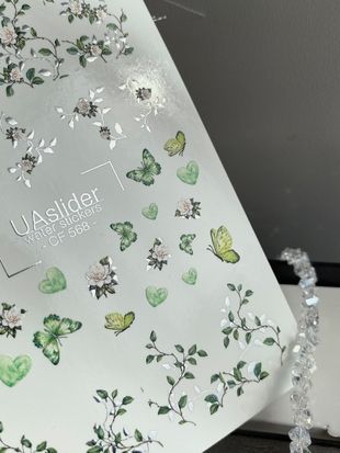 Слайдер-дизайн Color and Foil 568 | Водні декалі для нігтів із зеленими метеликами та білими квітами | Ботанічний дизайн CF_568 фото