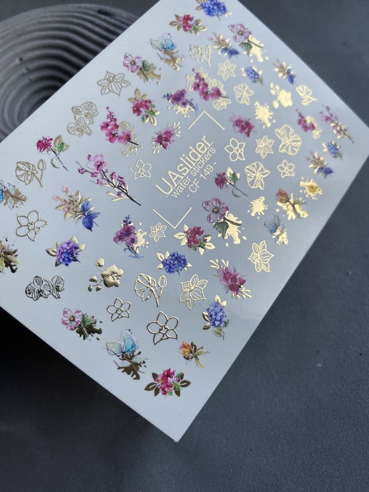 Слайдер-дизайн Color and Foil 149 | Слайдери для Нігтів | Квіткові Букети в Акварельному Стилі із Золотим Контуром CF_149 фото