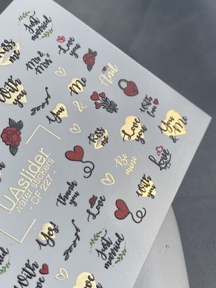 Слайдер-дизайн Color and Foil 227 | Водні декалі для нігтів романтичні | Написи про кохання, троянди та золоті серця CF_227 фото