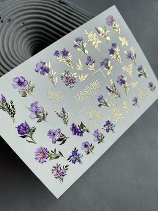 Слайдер-дизайн Color and Foil 176 | Слайдери для Нігтів | Фіолетові Квіти Водні Наклейки із Золотими Рослинними Деталями CF_176 фото