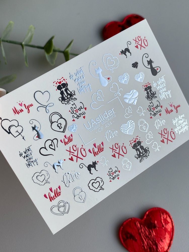 Слайдер-дизайн Color and Foil 434 | Водні декалі для нігтів з романтичними котиками та сердечками | XO та любовні написи CF_434 фото