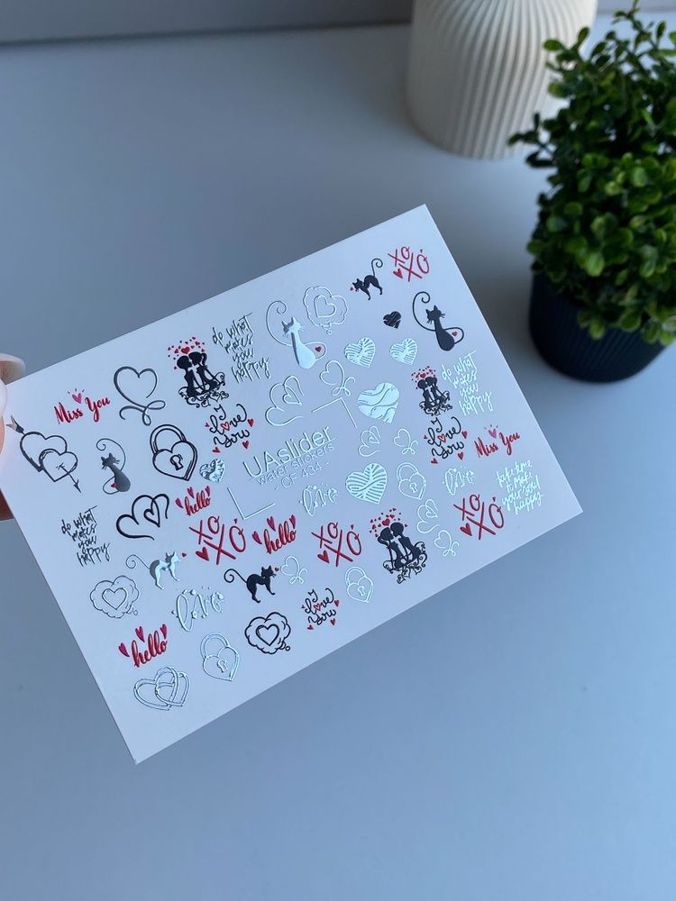 Слайдер-дизайн Color and Foil 434 | Водні декалі для нігтів з романтичними котиками та сердечками | XO та любовні написи CF_434 фото