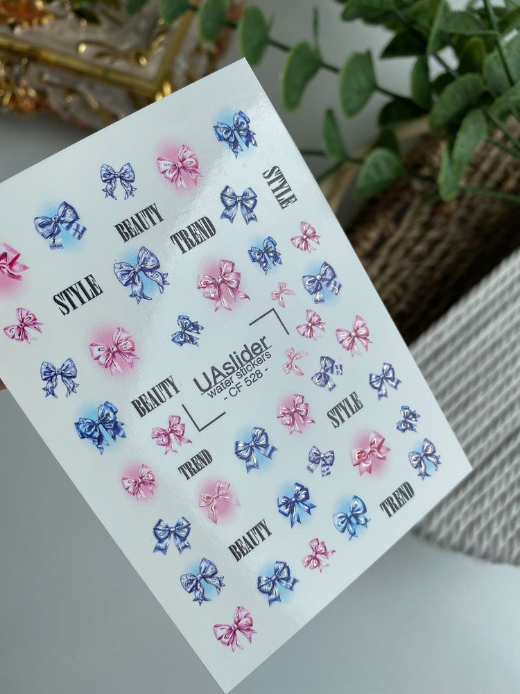 Слайдер-дизайн Color and Foil 528 | Водні декалі з рожевими та синіми бантиками | Стильний нейл-арт CF_528 фото