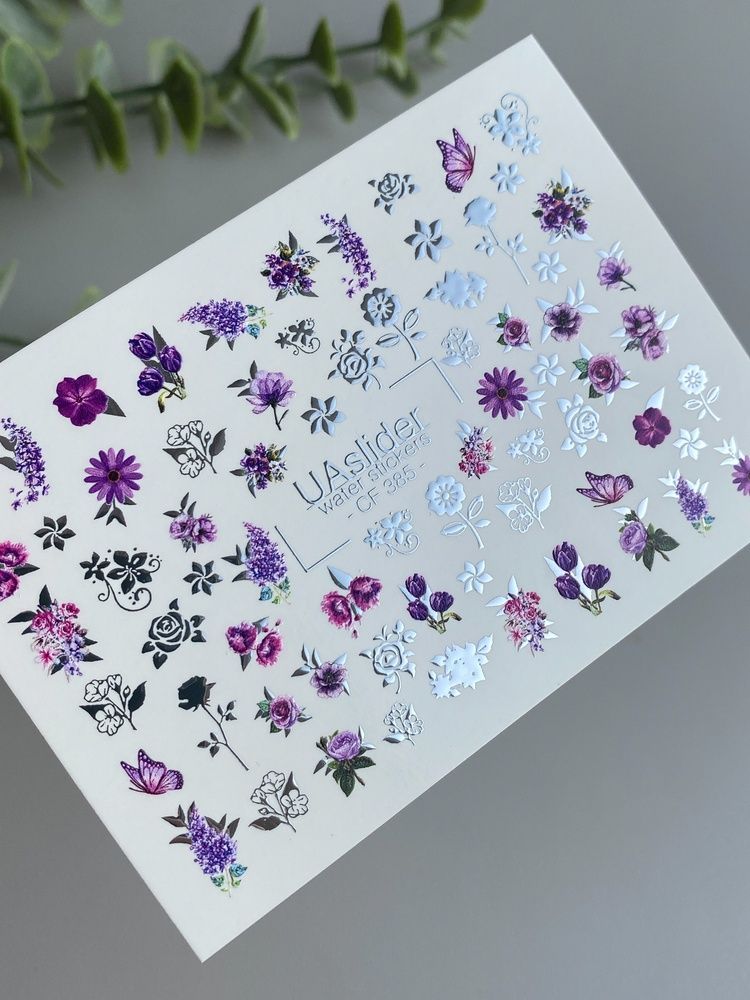 Слайдер-дизайн Color and Foil 385 | Водні декалі з фіолетовими квітами | Троянди, лаванда та метелики CF_385 фото
