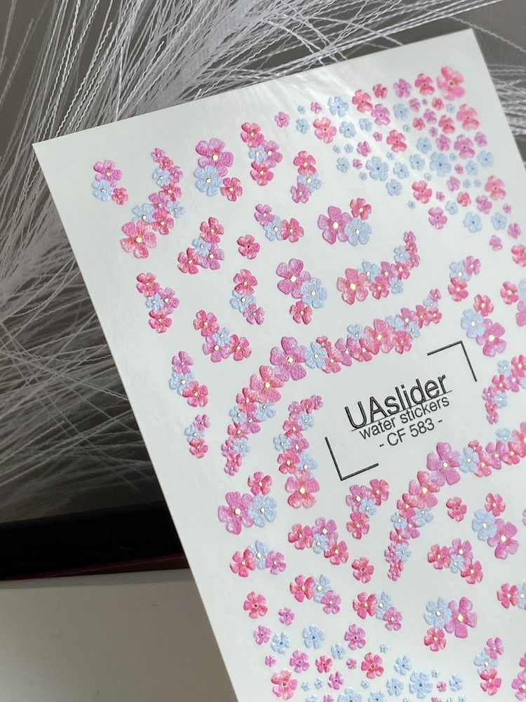 Слайдер-дизайн Color and Foil 583 | Водні декалі для нігтів із рожевими та блакитними квітами | Міні-квіткові дизайни CF_583 фото