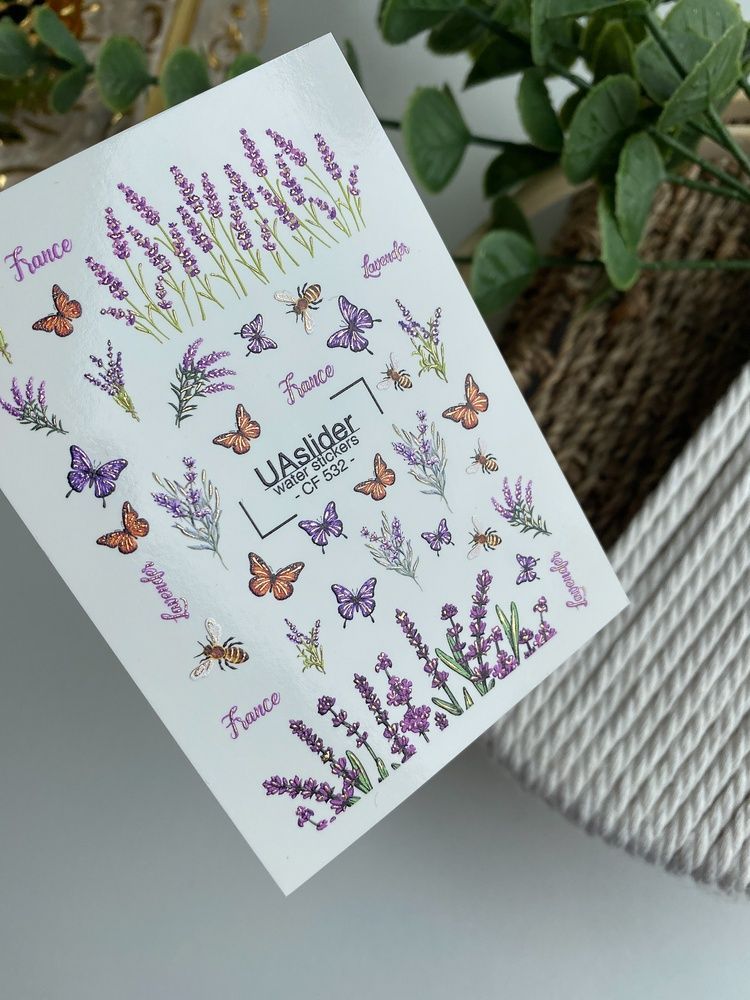Слайдер-дизайн Color and Foil 532 | Водні декалі з лавандою, метеликами та бджілками | Прованський нейл-арт CF_532 фото