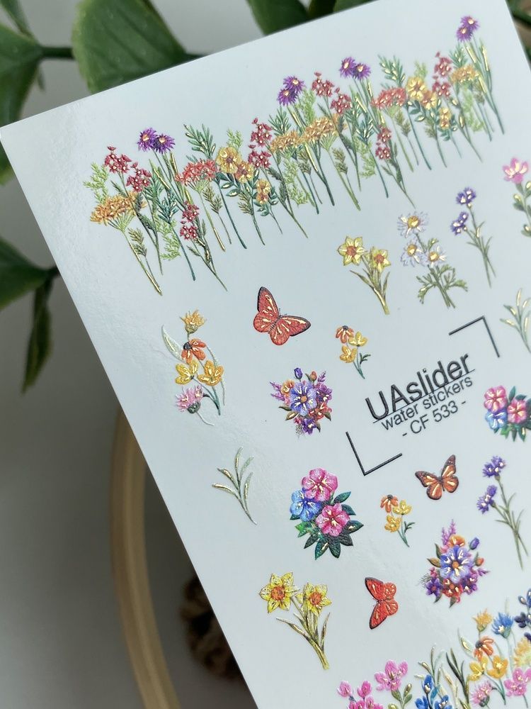 Слайдер-дизайн Color and Foil 533 | Водні декалі з польовими квітами та метеликами | Яскраві квіткові наклейки для нігтів CF_533 фото