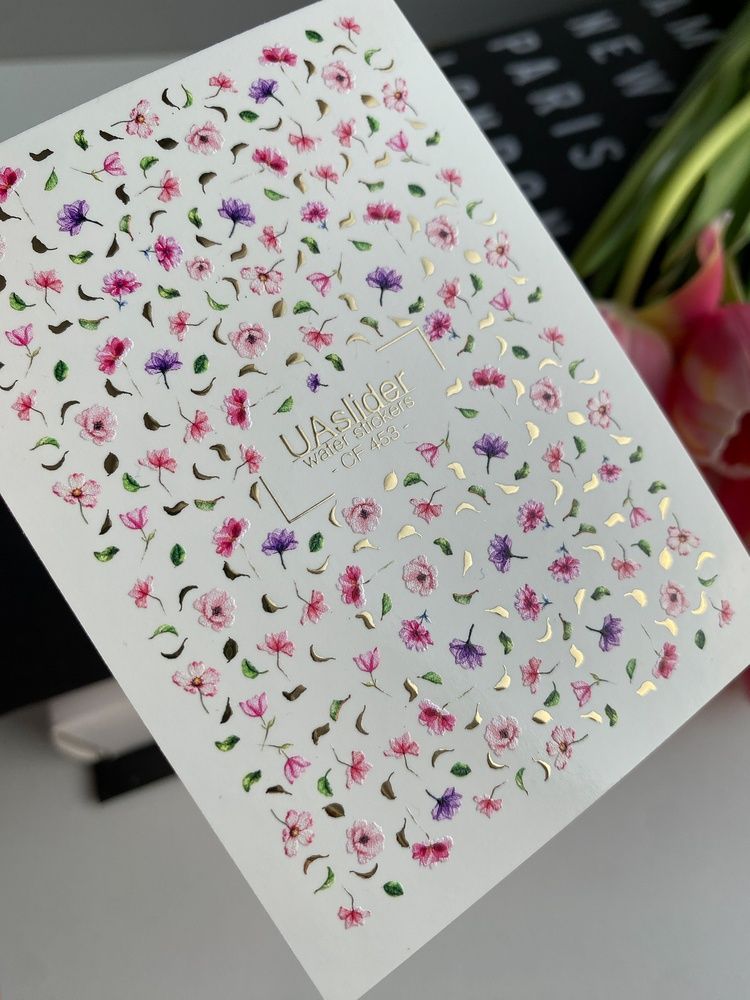 Слайдер-дизайн Color and Foil 453 | Квіткові водні декалі для нігтів | Дрібні рожеві та фіолетові квіти із золотом CF_453 фото
