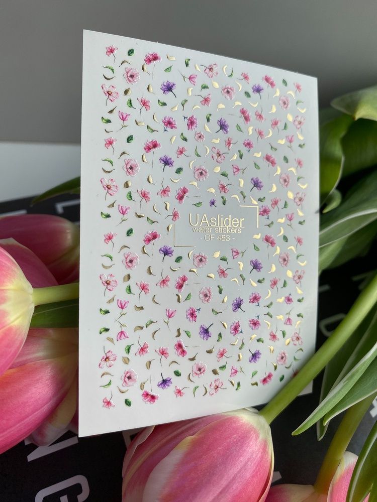 Слайдер-дизайн Color and Foil 453 | Квіткові водні декалі для нігтів | Дрібні рожеві та фіолетові квіти із золотом CF_453 фото