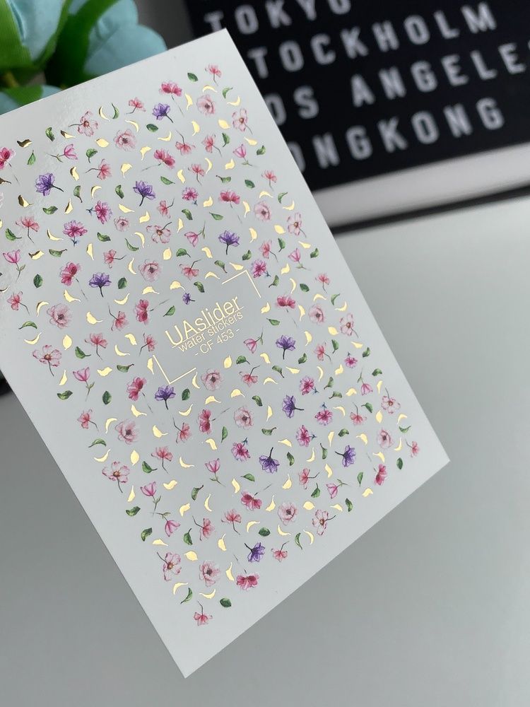 Слайдер-дизайн Color and Foil 453 | Квіткові водні декалі для нігтів | Дрібні рожеві та фіолетові квіти із золотом CF_453 фото