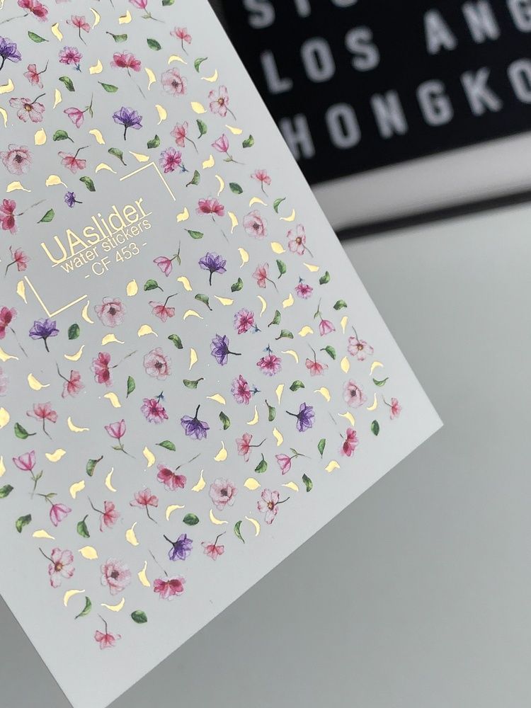Слайдер-дизайн Color and Foil 453 | Квіткові водні декалі для нігтів | Дрібні рожеві та фіолетові квіти із золотом CF_453 фото