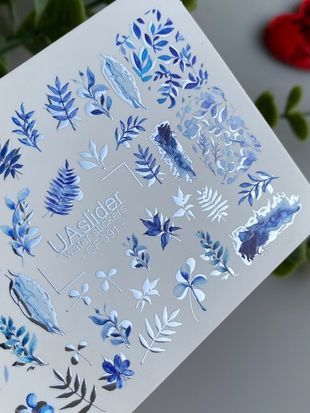 Слайдер-дизайн Color and Foil 391 | Водные декали с синими листьями | Ботанические веточки и минималистичный дизайн CF_391 фото
