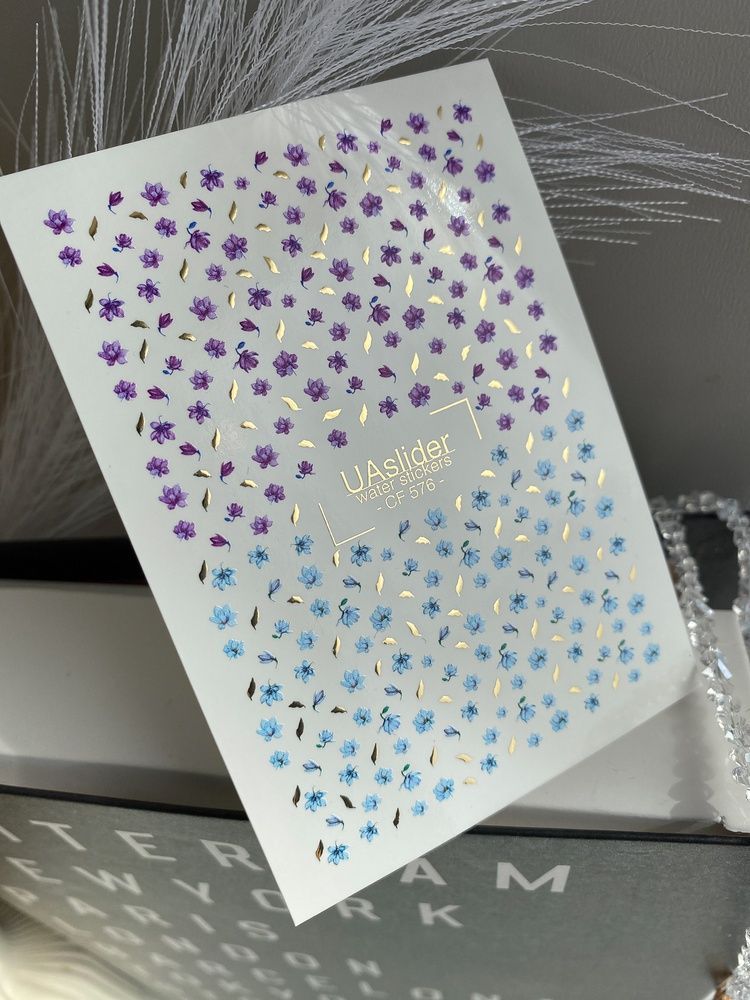 Слайдер-дизайн Color and Foil 576 | Водні декалі для нігтів із дрібними квітами | Фіолетово-блакитні квіткові дизайни CF_576 фото