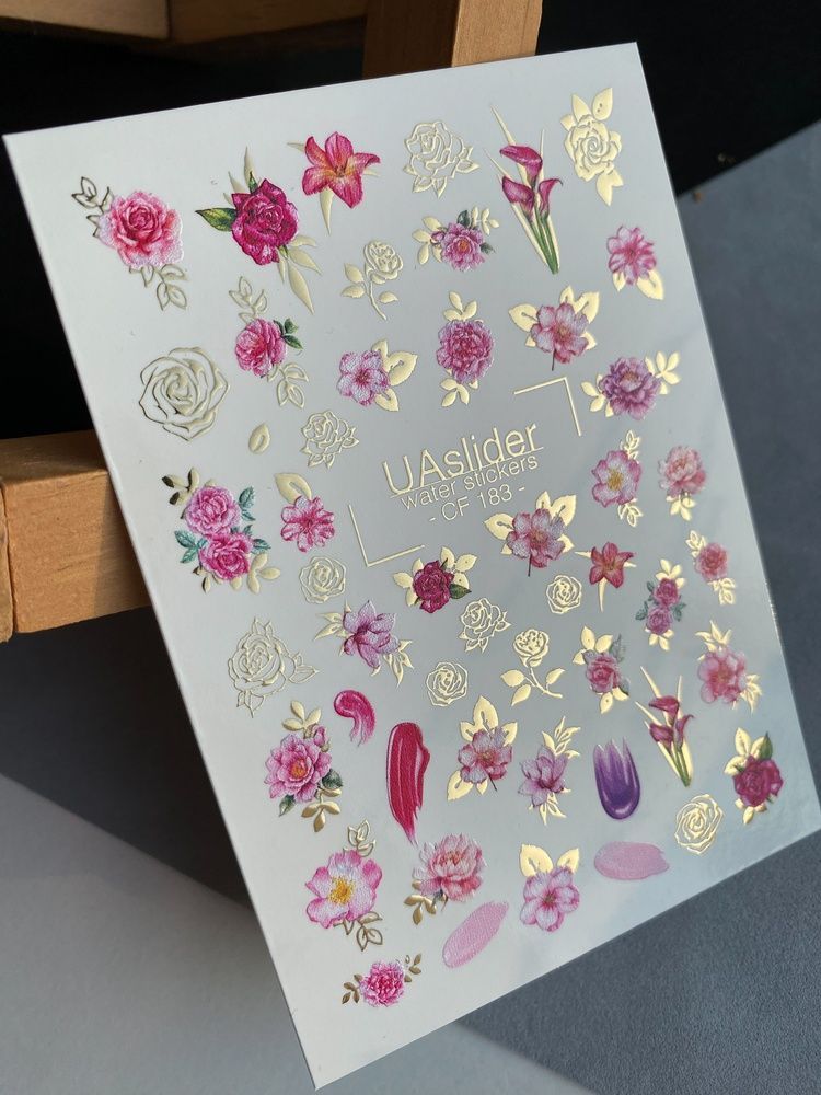 Слайдер-дизайн Color and Foil 183 | Слайдери для Нігтів | Квіткові Водні Наклейки з Трояндами та Півоніями у Рожево-Червоних Відтінках CF_183 фото