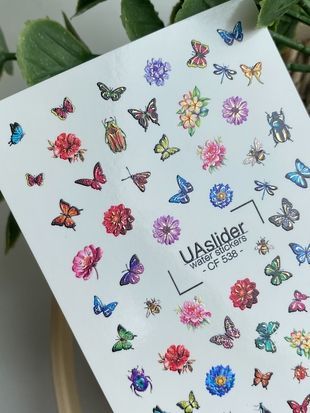 Слайдер-дизайн Color and Foil 538 | Водные декали с бабочками, жуками и цветами | Яркие летние наклейки для ногтей CF_538 фото