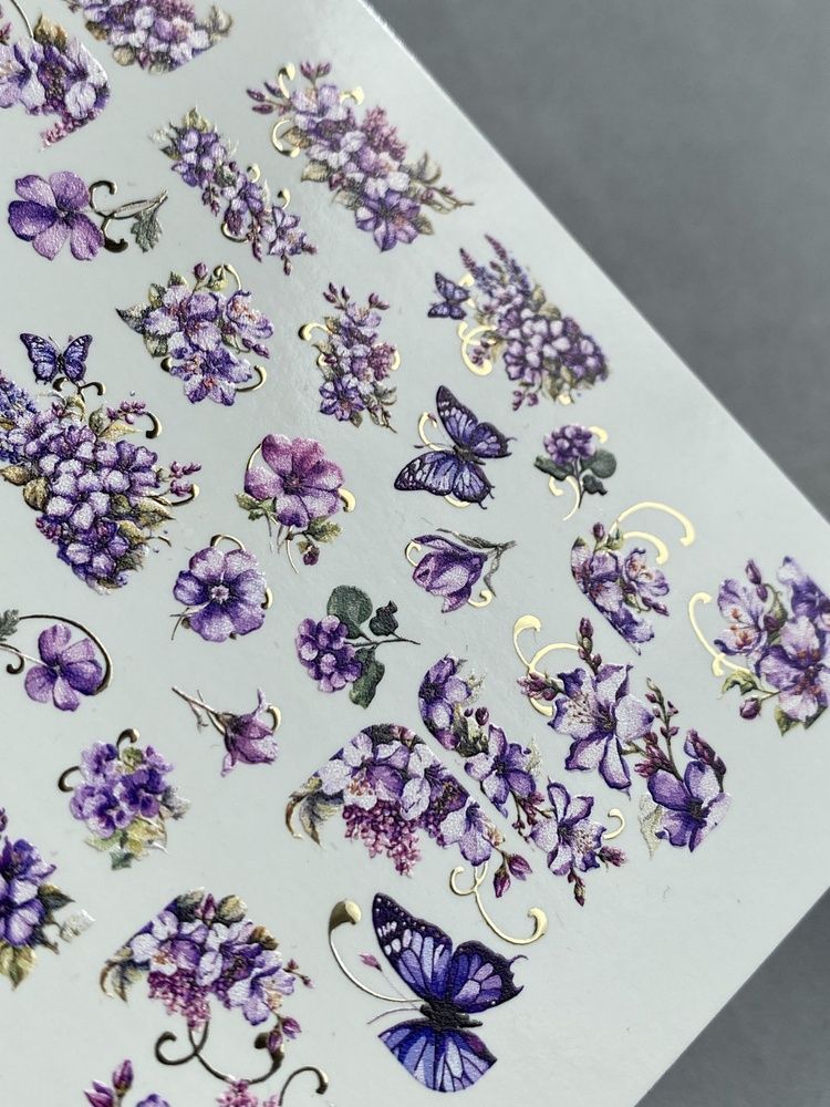 Слайдер-дизайн Color and Foil 184 | Слайдери для Нігтів | Квіткові Водні Наклейки з Фіолетовими Квітами та Метеликами CF_184 фото