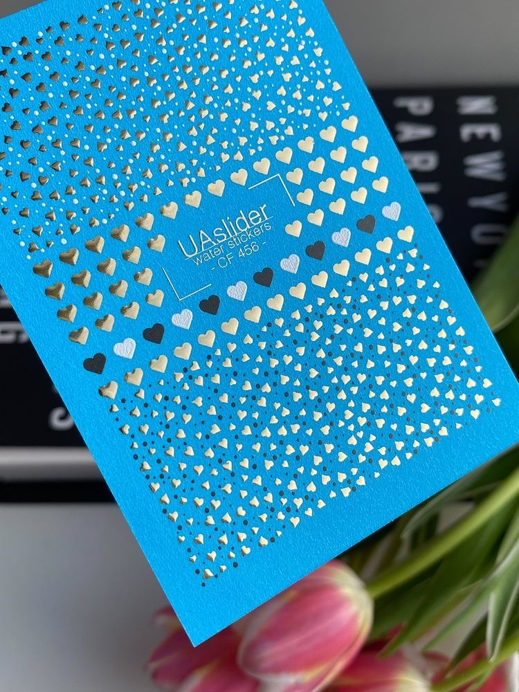 Слайдер-дизайн Color and Foil 456 | Водні декалі для нігтів із сердечками | Золоті, чорні та білі міні-серця CF_456 фото