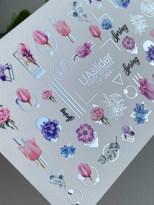 Слайдер-дизайн Color and Foil 394 | Водные декали с цветами | Тюльпаны с геометрическими акцентами и надписями CF_394 фото