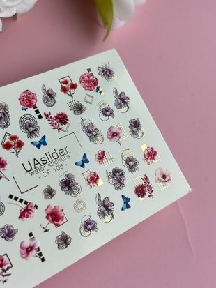 Слайдер-дизайн Color and Foil 106 | Квіткові Слайдери для Нігтів | Рожеві та Фіолетові Квіти з Геометрією та Метеликами CF_106 фото