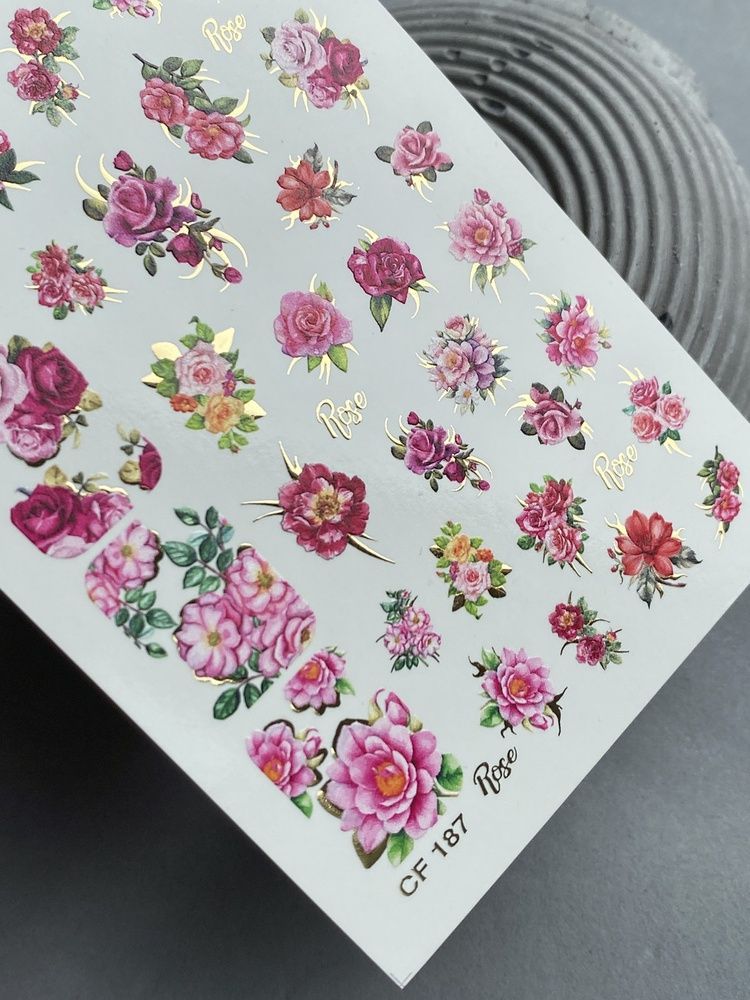Слайдер-дизайн Color and Foil 187 | Слайдери для Нігтів | Водні Наклейки з Трояндами у Рожево-Червоних Відтінках CF_187 фото
