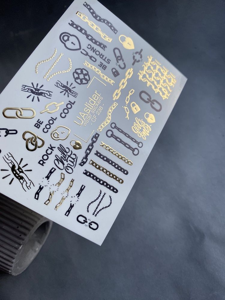Слайдер-дизайн Color and Foil 238 | Водні декалі для нігтів ланцюги | Рок-стиль із золотими та чорними деталями CF_238 фото