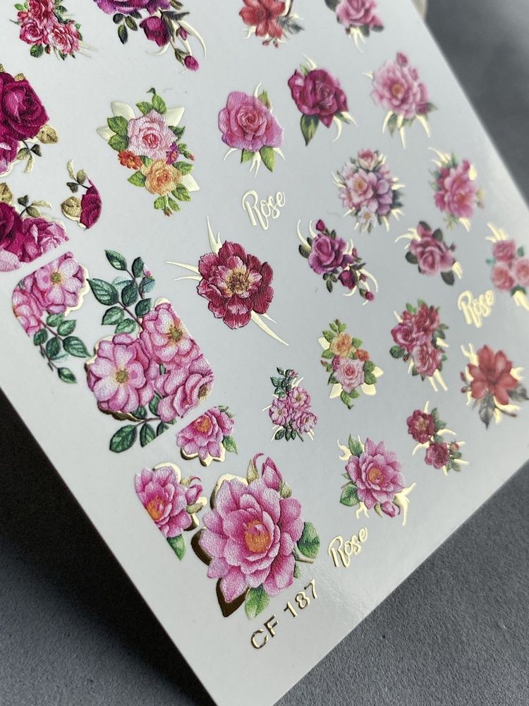 Слайдер-дизайн Color and Foil 187 | Слайдери для Нігтів | Водні Наклейки з Трояндами у Рожево-Червоних Відтінках CF_187 фото