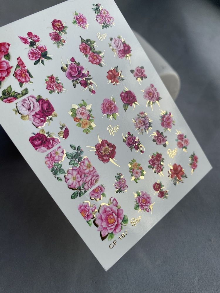 Слайдер-дизайн Color and Foil 187 | Слайдери для Нігтів | Водні Наклейки з Трояндами у Рожево-Червоних Відтінках CF_187 фото