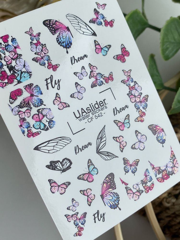 Слайдер-дизайн Color and Foil 542 | Водні декалі з різнокольоровими метеликами та крилами | Повітряний манікюр з метеликами CF_542 фото
