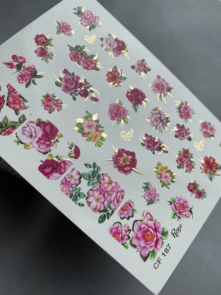 Слайдер-дизайн Color and Foil 187 | Слайдери для Нігтів | Водні Наклейки з Трояндами у Рожево-Червоних Відтінках CF_187 фото