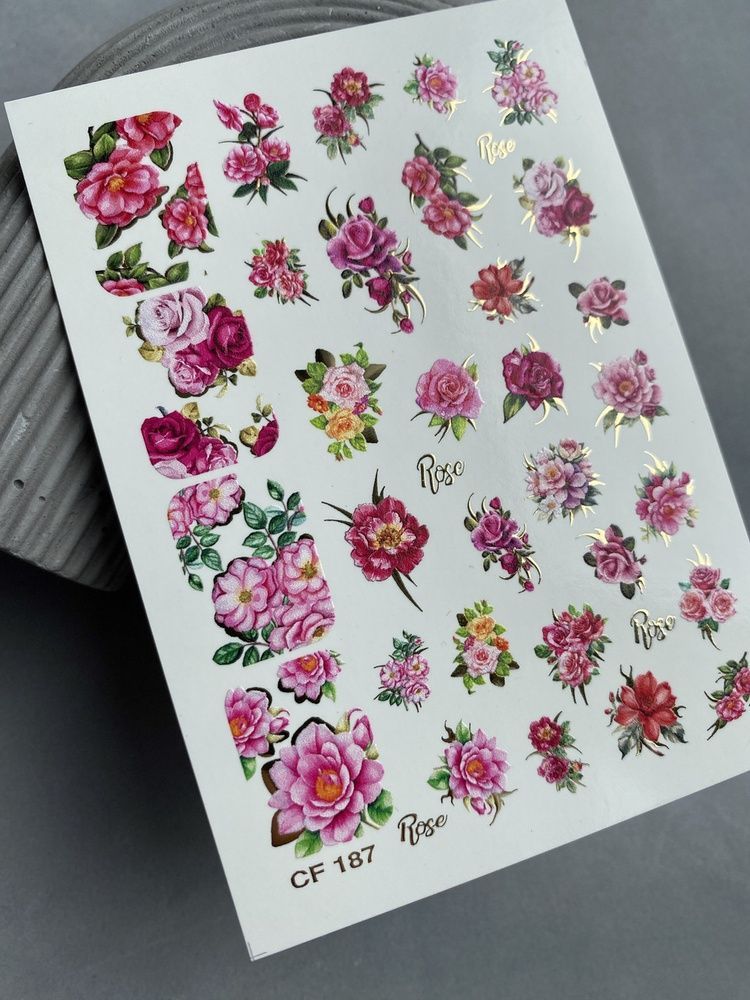 Слайдер-дизайн Color and Foil 187 | Слайдери для Нігтів | Водні Наклейки з Трояндами у Рожево-Червоних Відтінках CF_187 фото