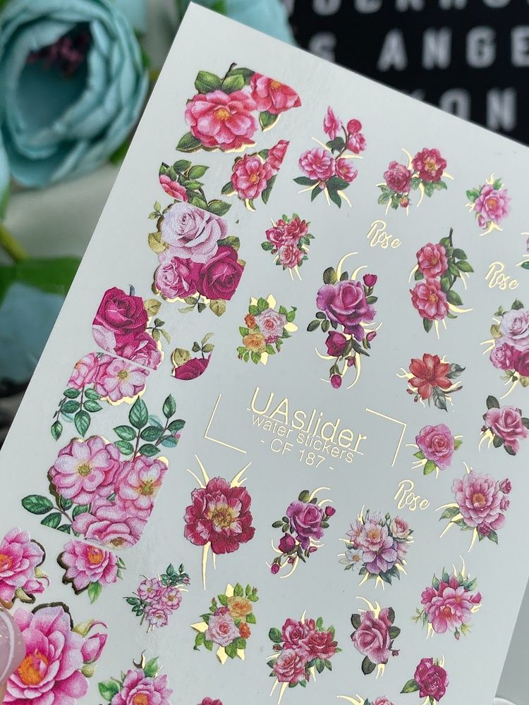 Слайдер-дизайн Color and Foil 187 | Слайдери для Нігтів | Водні Наклейки з Трояндами у Рожево-Червоних Відтінках CF_187 фото