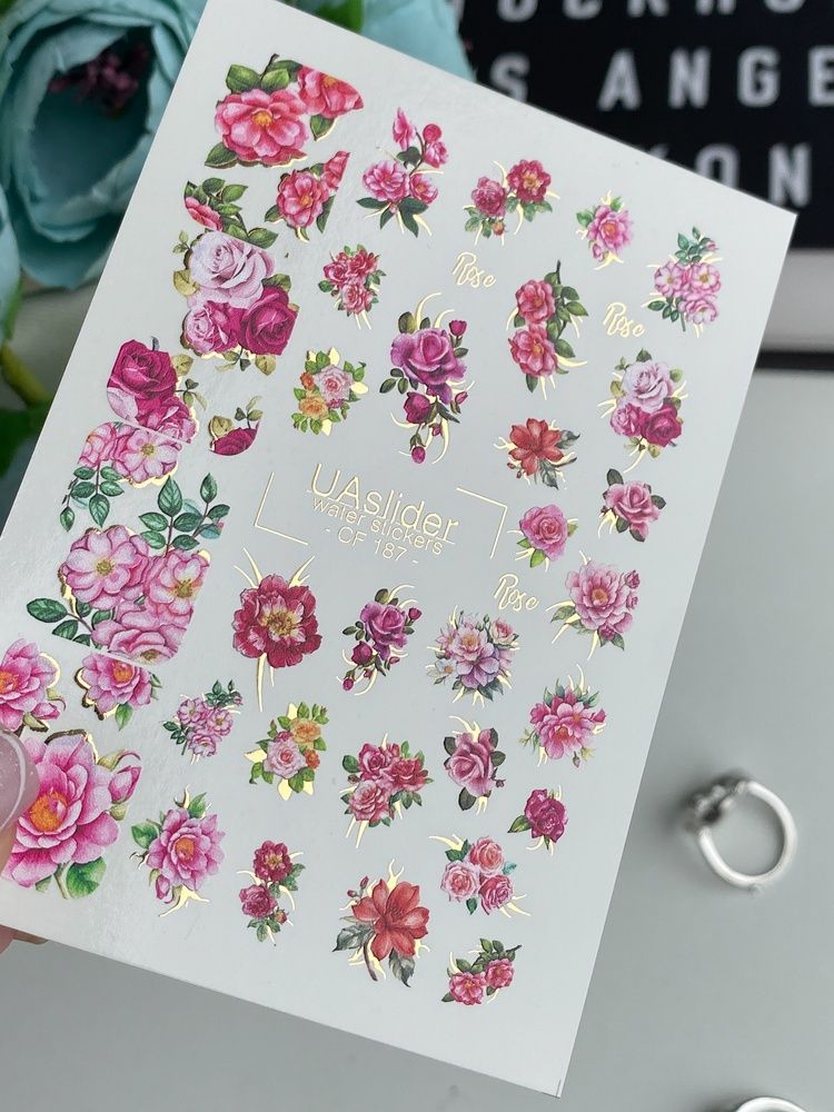 Слайдер-дизайн Color and Foil 187 | Слайдери для Нігтів | Водні Наклейки з Трояндами у Рожево-Червоних Відтінках CF_187 фото