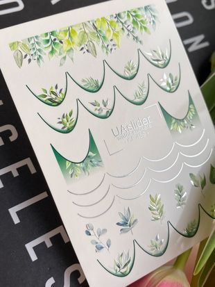Слайдер-дизайн Color and Foil 459 | Ботанические водные декали для ногтей | Зеленые листья и френч-линии CF_459 фото