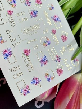 Слайдер-дизайн Color and Foil 446 | Водные декали для ногтей | Мини-цветы и золотые надписи CF_446 фото