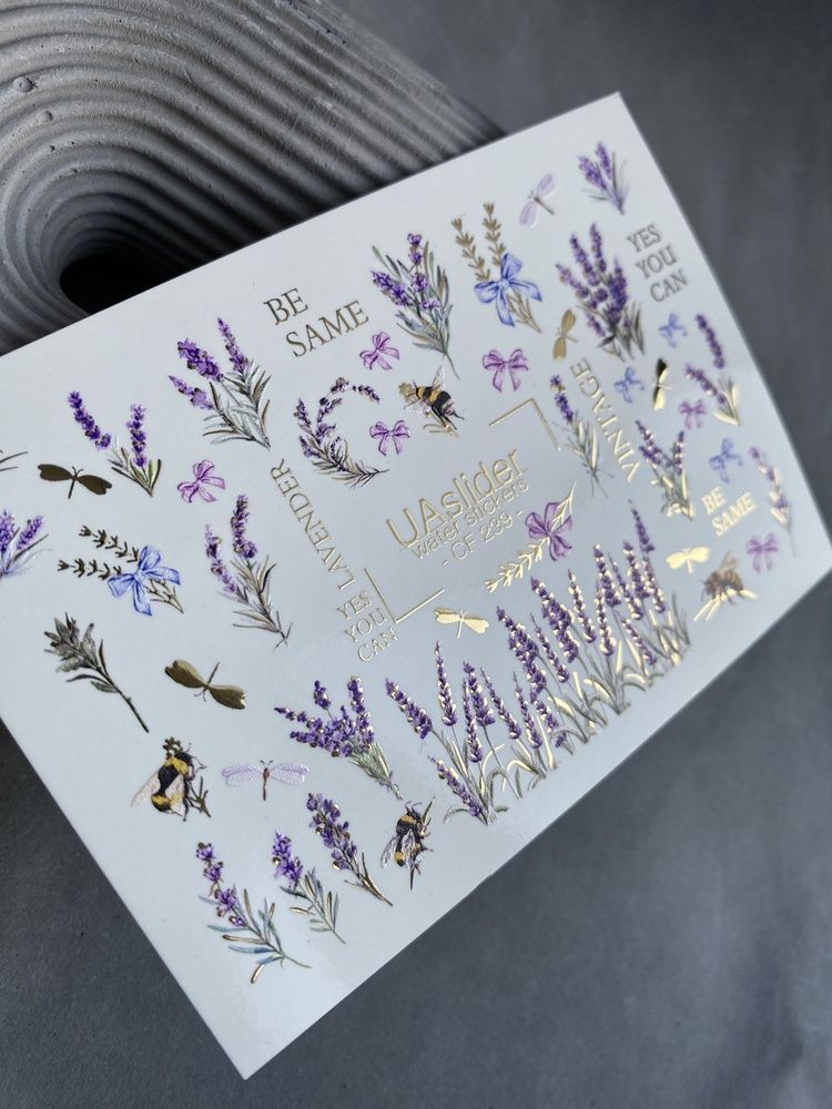 Слайдер-дизайн Color and Foil 239 | Водні декалі для нігтів лаванда | Квітковий дизайн із бджолами та золотими деталями CF_239 фото