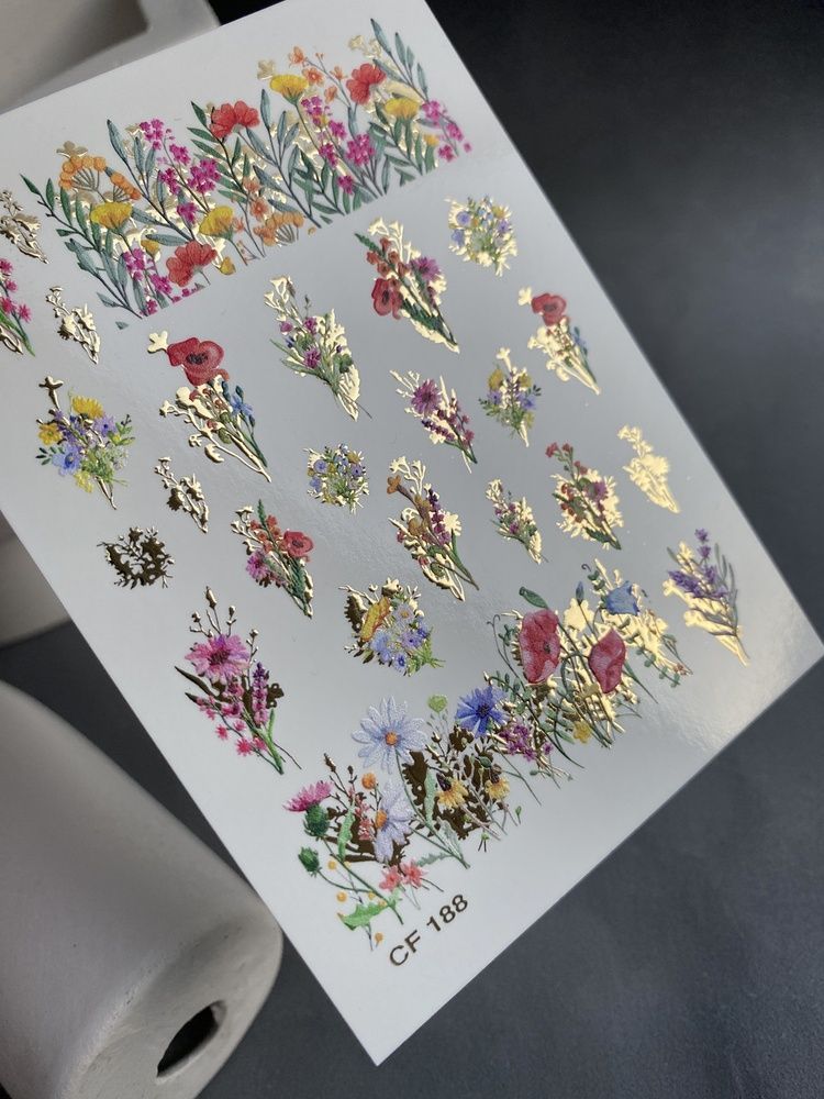 Слайдер-дизайн Color and Foil 188 | Слайдери для Нігтів | Водні Наклейки з Польовими Квітами та Букетами CF_188 фото