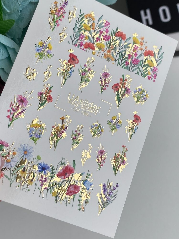 Слайдер-дизайн Color and Foil 188 | Слайдери для Нігтів | Водні Наклейки з Польовими Квітами та Букетами CF_188 фото