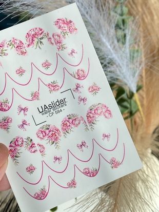 Слайдер-дизайн Color and Foil 584 | Водні декалі для нігтів з рожевими півоніями та бантиками | Вишукані квіткові слайдери CF_584 фото