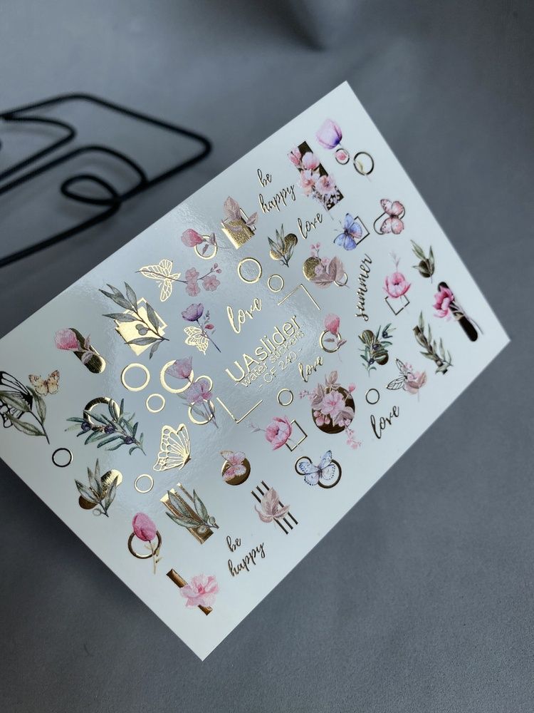 Слайдер-дизайн Color and Foil 240 | Водні декалі для нігтів квіткові | Рожеві квіти, метелики та золота геометрія CF_240 фото