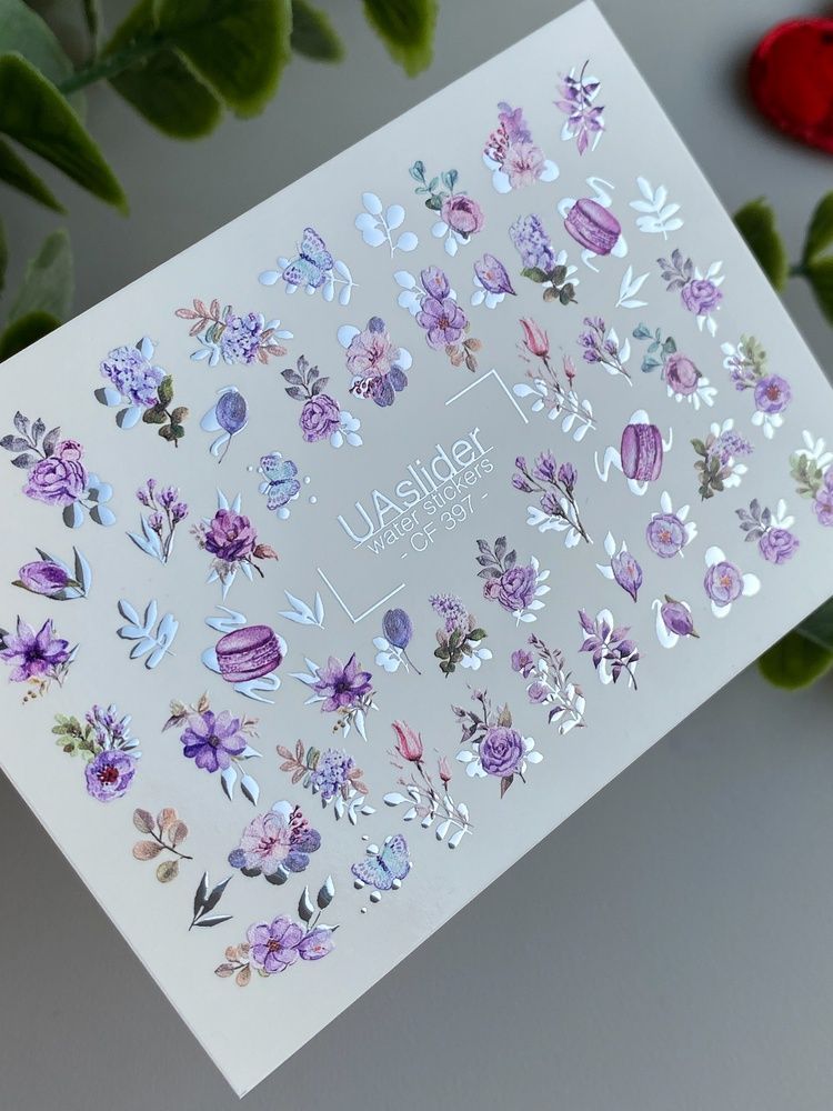 Слайдер-дизайн Color and Foil 397 | Водні декалі з фіолетовими квітами | Троянди, лаванда та макаруни CF_397 фото