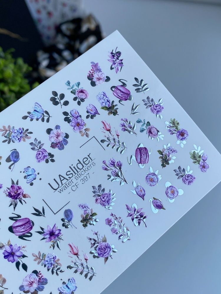 Слайдер-дизайн Color and Foil 397 | Водні декалі з фіолетовими квітами | Троянди, лаванда та макаруни CF_397 фото