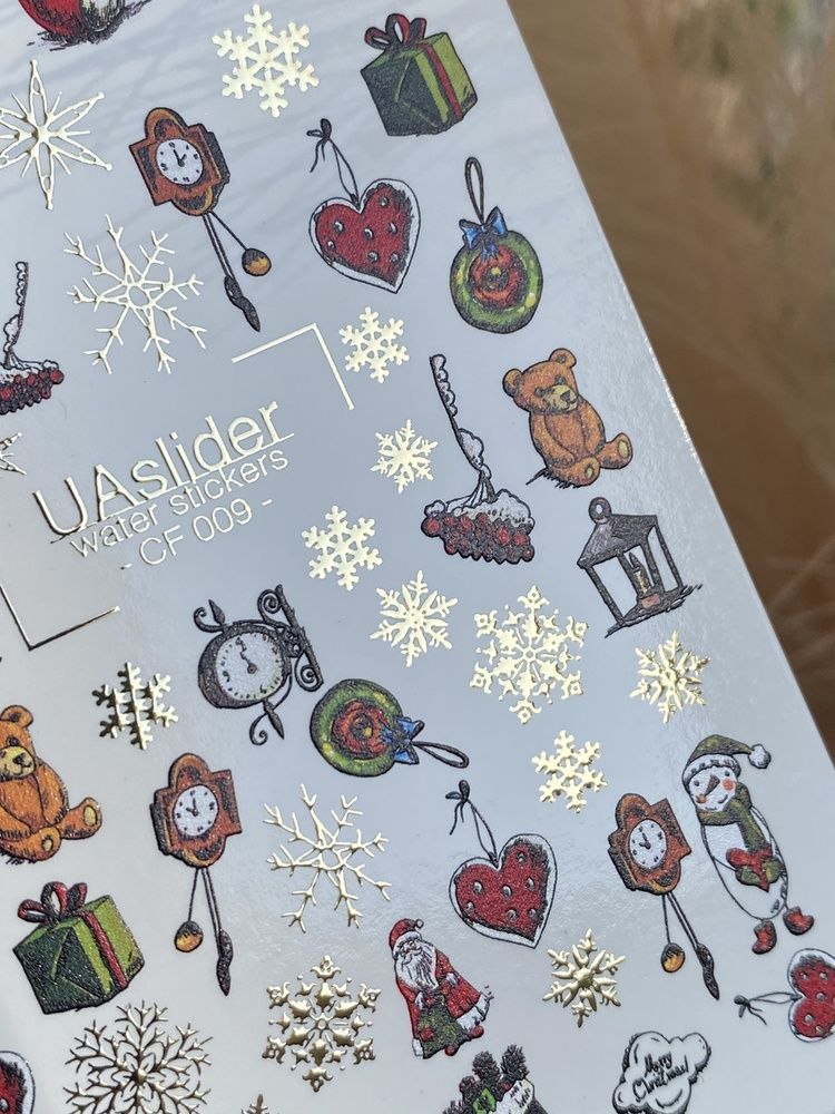 Слайдер-дизайн Color and Foil 009 | Різдвяні водні декалі для нігтів, святкові іграшки, подарунки та золоті сніжинки CF_009 фото