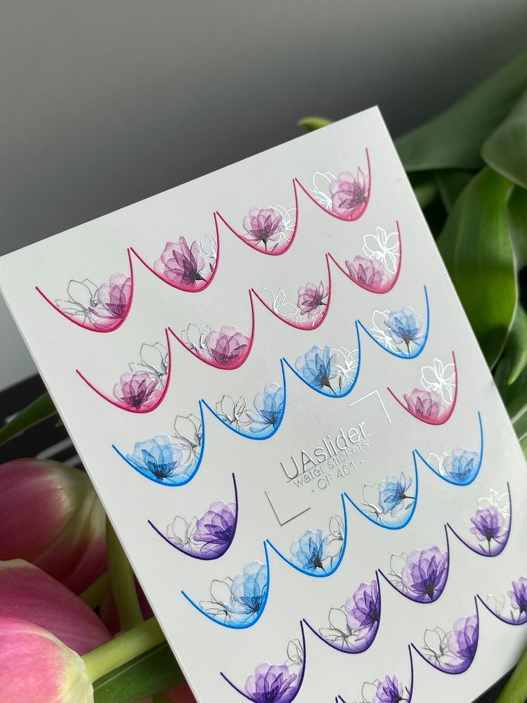 Слайдер-дизайн Color and Foil 461 | Водні декалі для френчу | Рожеві, сині та фіолетові квіткові лінії CF_461 фото