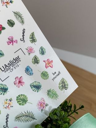 Слайдер-дизайн Color and Foil 513 | Водні декалі з тропічним листям та літніми квітами | Екзотичний нейл-арт CF_513 фото