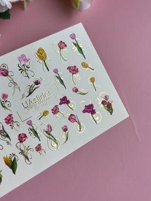 Слайдер-дизайн Color and Foil 191 | Слайдери для Нігтів | Водні Наклейки Тюльпани із Золотими Завитками CF_191 фото