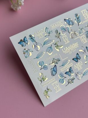 Слайдер-дизайн Color and Foil 111 | Слайдери для Нігтів з Блакитними Метеликами | Листя, Квіткові Акценти та Написи CF_111 фото
