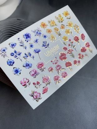 Слайдер-дизайн Color and Foil 244 | Водні декалі для нігтів квіткові | Червоні, сині та жовті квіти із золотом CF_244 фото