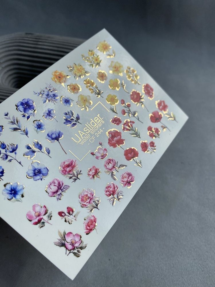 Слайдер-дизайн Color and Foil 244 | Водні декалі для нігтів квіткові | Червоні, сині та жовті квіти із золотом CF_244 фото